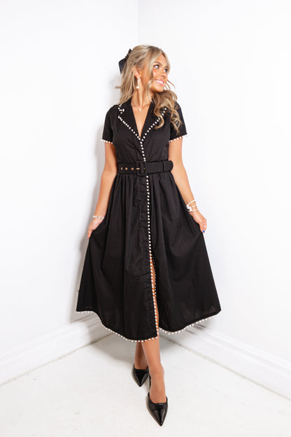 Pearls Edge Belted Midi Dress