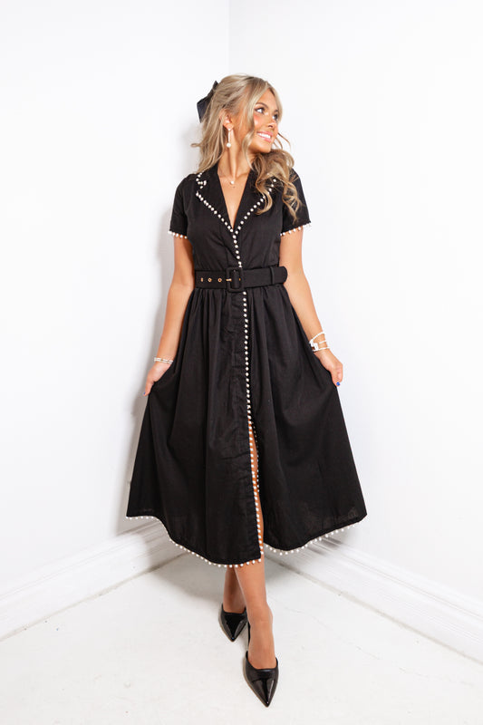 Pearls Edge Belted Midi Dress