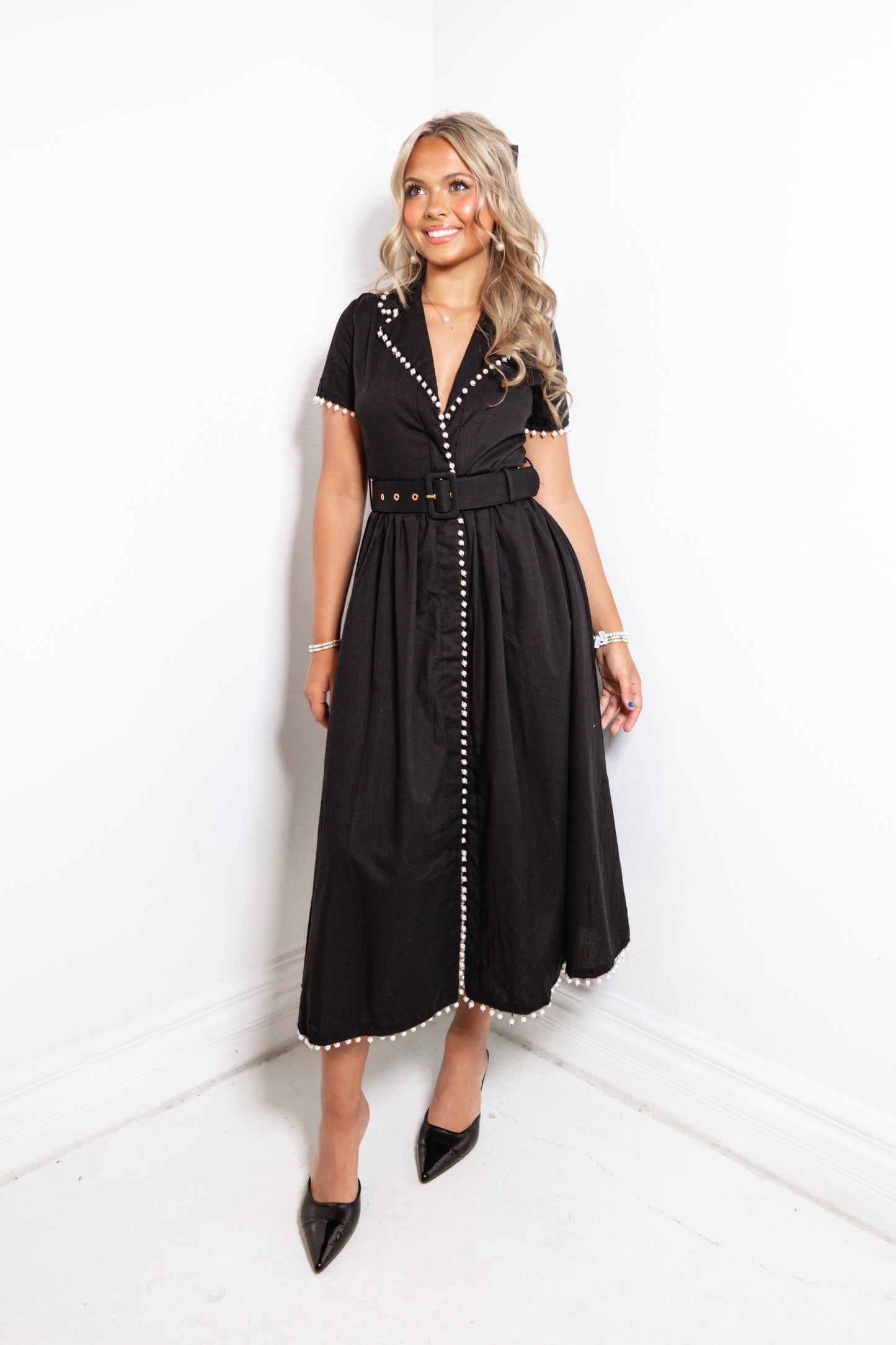Pearls Edge Belted Midi Dress