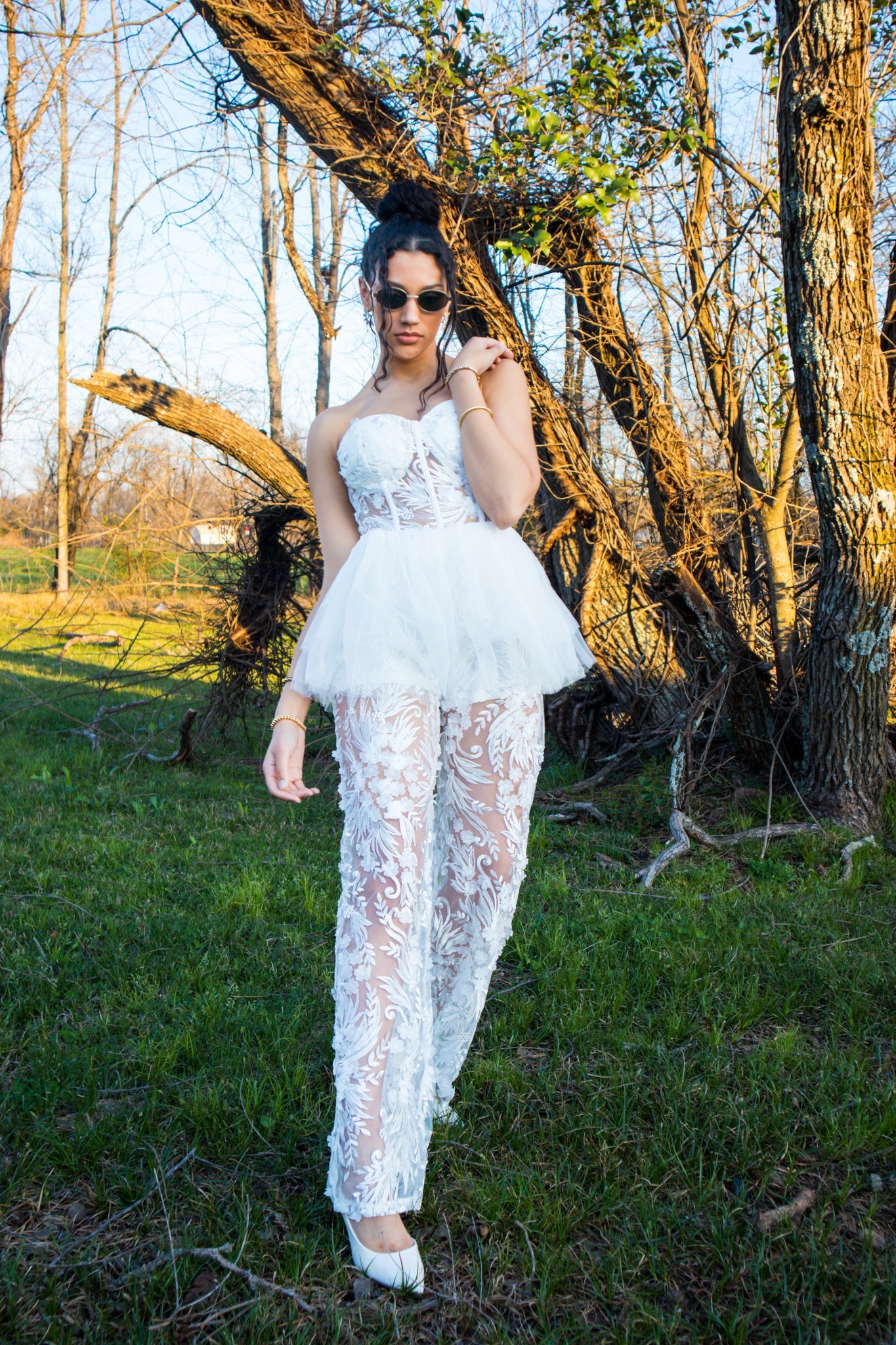 Peplum Detail White Mesh Jumpsuit