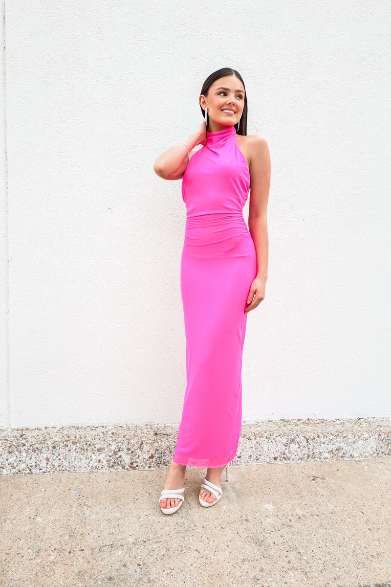 Pink Mesh Halter Neck Maxi Dress-Dresses-KCoutureBoutique, women's boutique in Bossier City, Louisiana