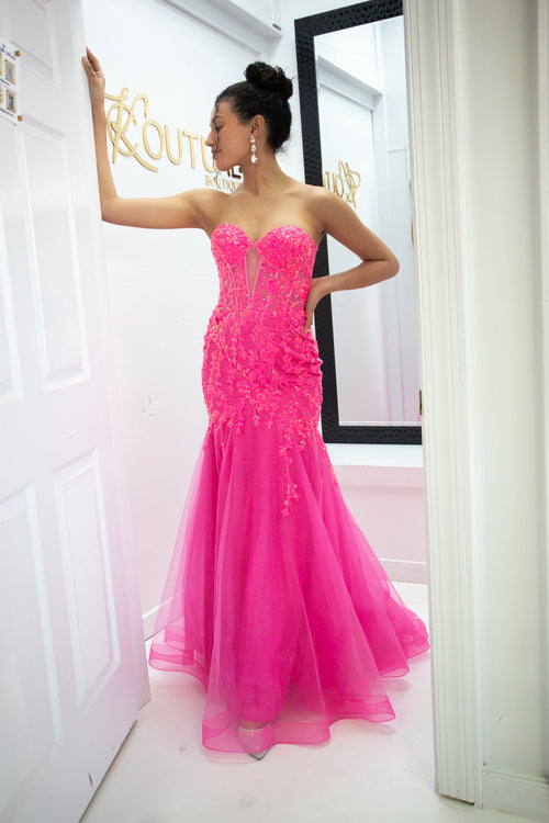 Pink Strapless Embellished Mermaid Gown-Dresses-KCoutureBoutique, women's boutique in Bossier City, Louisiana