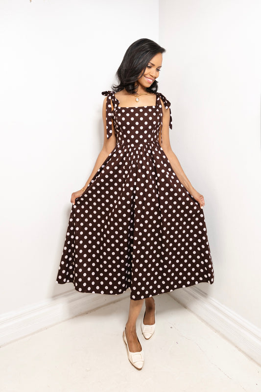 Polka Kiss Shoulder Ties Midi Dress