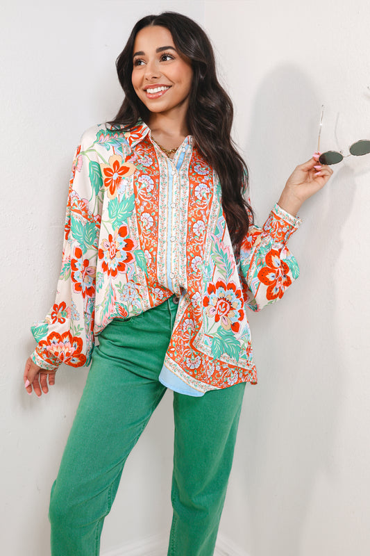 Poppy Breeze Satin Button Down Top
