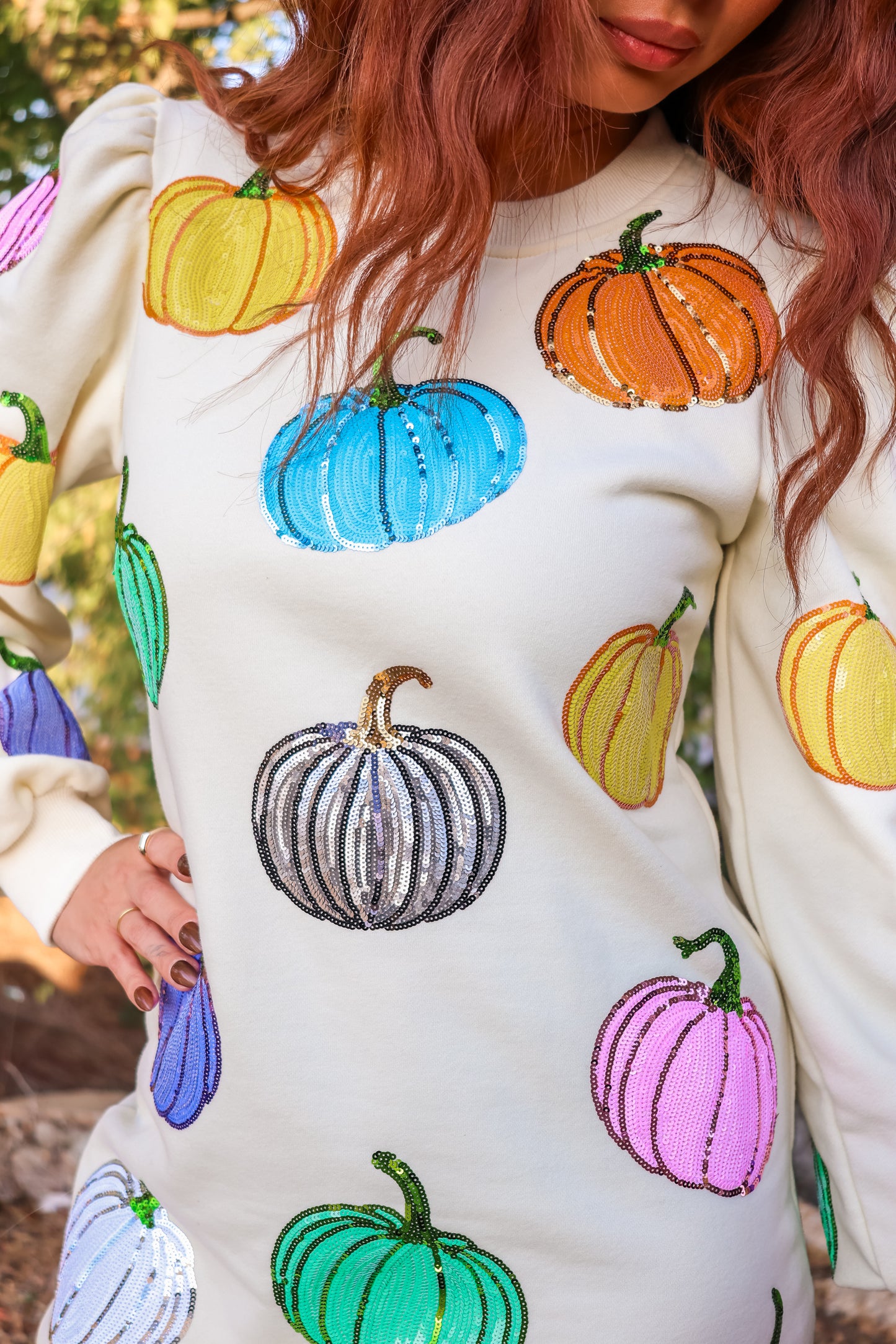 Queen Of Sparkles Beige Multi Pumpkin Sweatshirt Dress