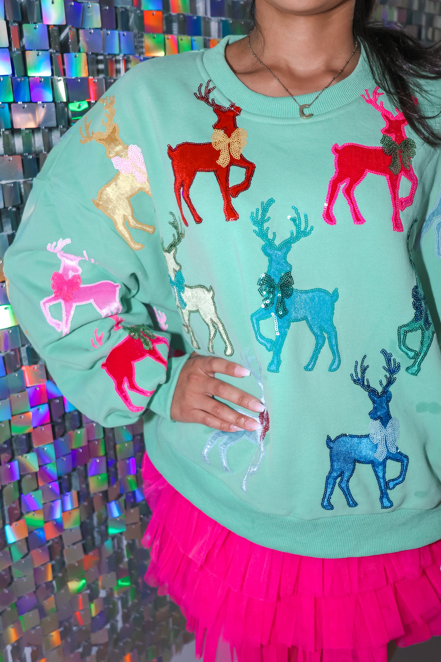 Queen Of Sparkles Velvet Reindeers & Bows Sweatshirt