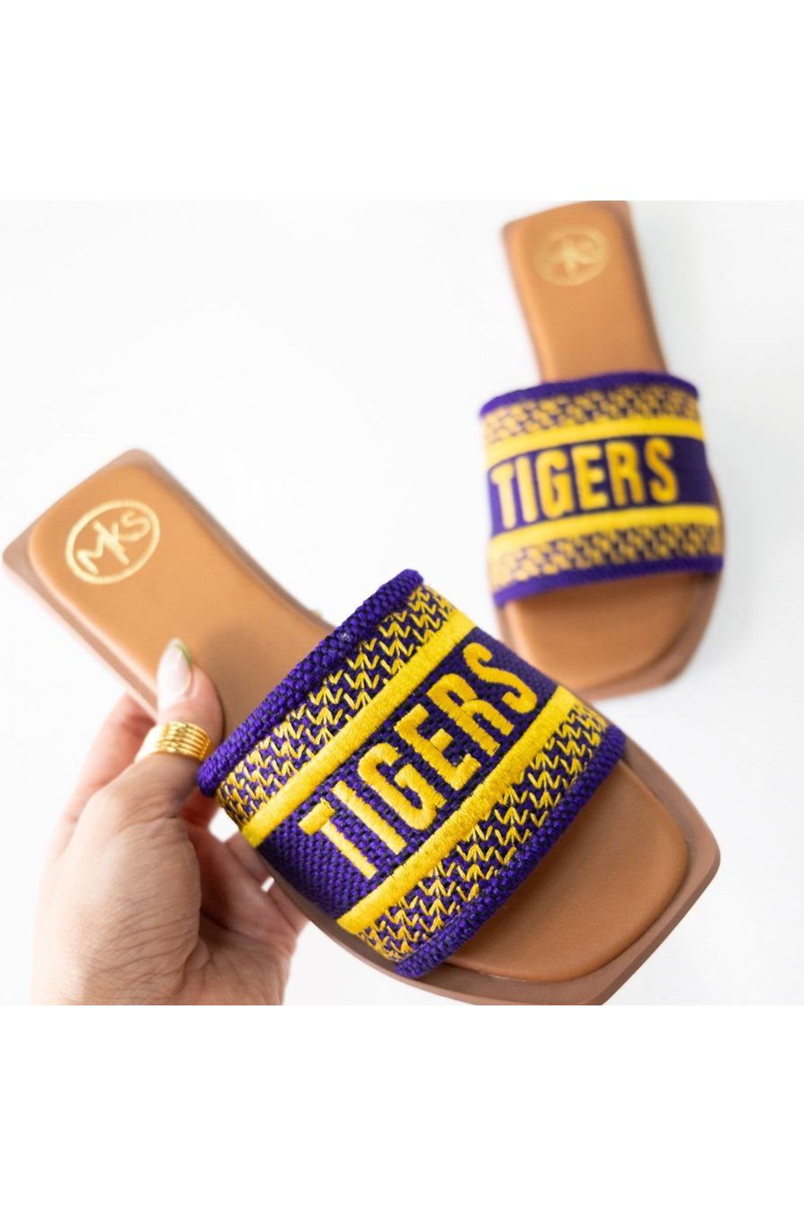 Purple & Gold TIGERS Slides-Shoes-KCoutureBoutique, women's boutique in Bossier City, Louisiana