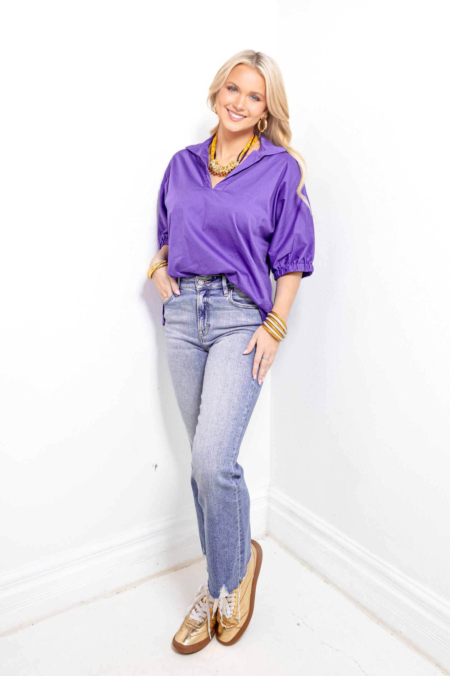Purple Pride Collared Drop Shoulder Top