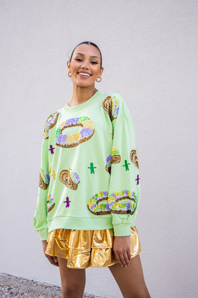 Queen Of Sparkles Green King Cake & Baby Sweatshirt-Tops-KCoutureBoutique, women's boutique in Bossier City, Louisiana