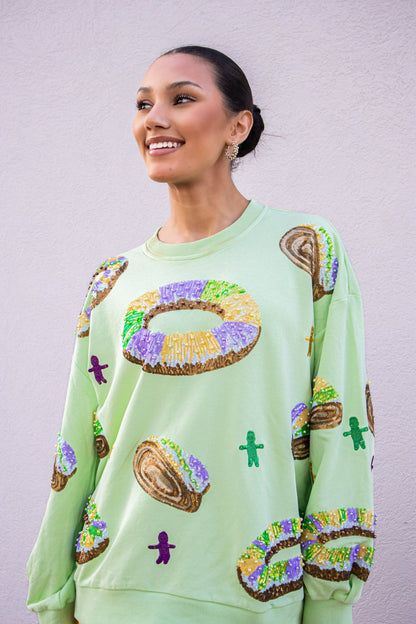 Queen Of Sparkles Green King Cake & Baby Sweatshirt-Tops-KCoutureBoutique, women's boutique in Bossier City, Louisiana