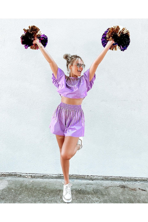 Queen Of Sparkles Purple Bubble W/Gold Burst Swing Shorts-Bottoms-KCoutureBoutique, women's boutique in Bossier City, Louisiana