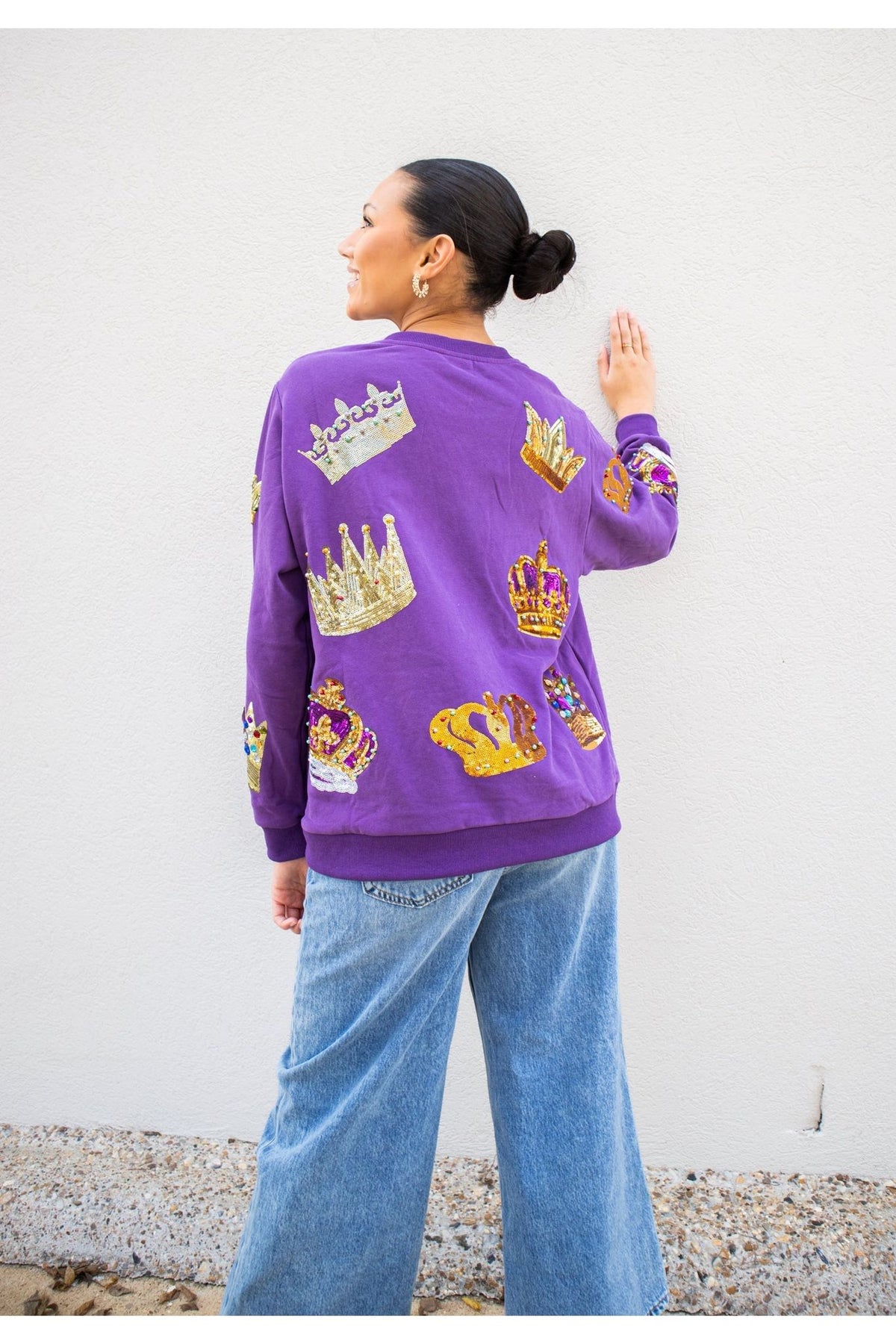 Queen Of Sparkles Purple Crown Sweatshirt-Tops-KCoutureBoutique, women's boutique in Bossier City, Louisiana
