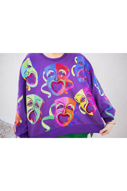 Queen Of Sparkles Purple Multi Mardi Gras Mask Sweatshirt-Tops-KCoutureBoutique, women's boutique in Bossier City, Louisiana