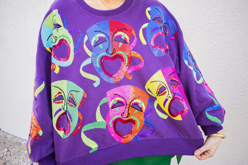 Queen Of Sparkles Purple Multi Mardi Gras Mask Sweatshirt-Tops-KCoutureBoutique, women's boutique in Bossier City, Louisiana