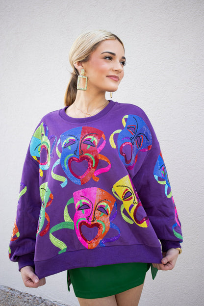 Queen Of Sparkles Purple Multi Mardi Gras Mask Sweatshirt-Tops-KCoutureBoutique, women's boutique in Bossier City, Louisiana