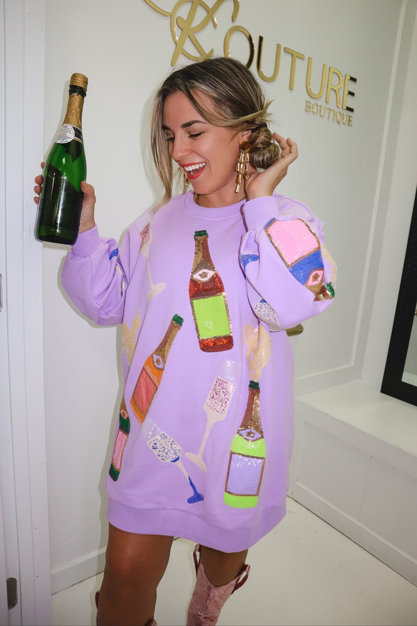 Queen of Sparkles Lavender Champagne Sweatshirt Dress Extra Small / Lavender