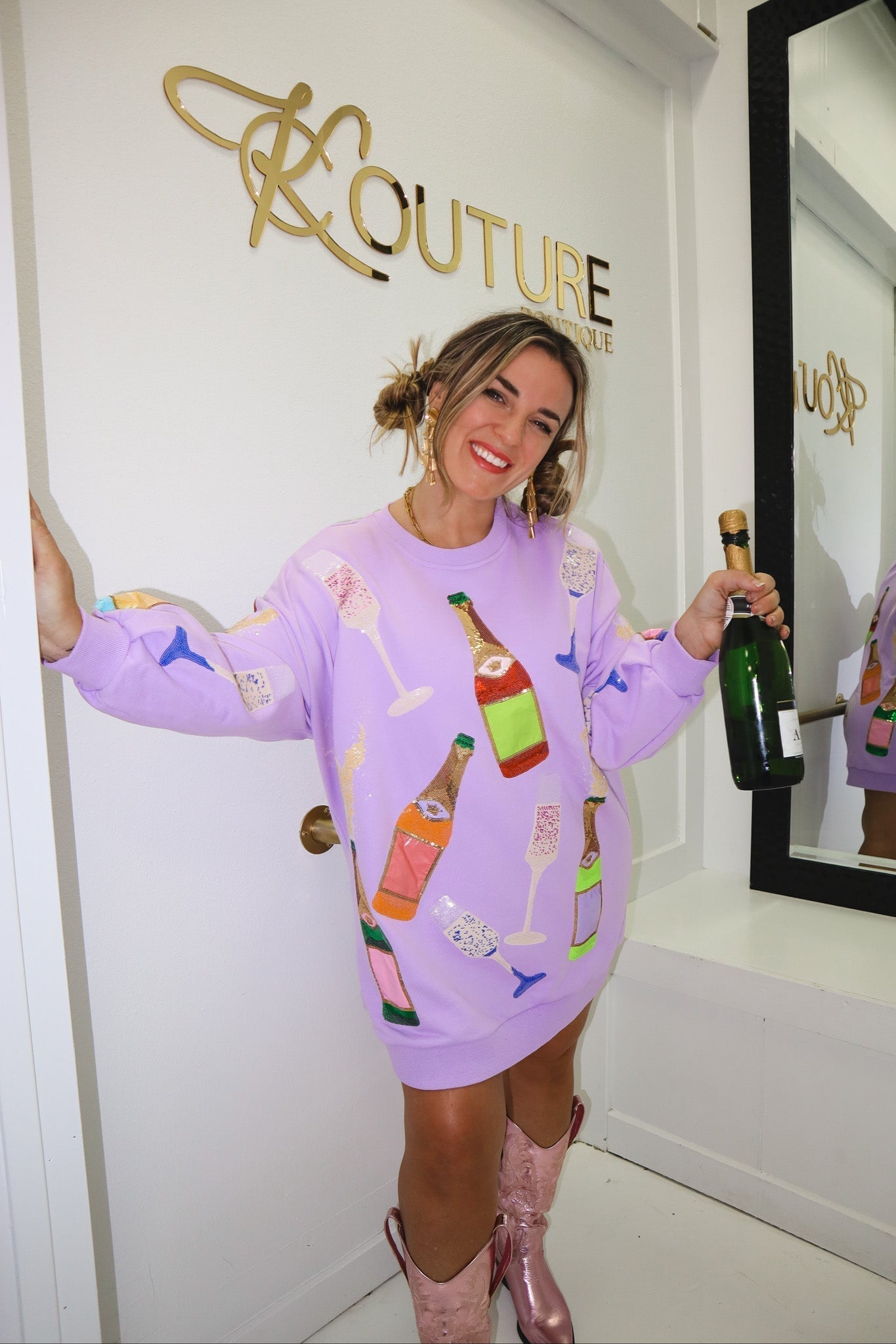 Queen of Sparkles Lavender Champagne Sweatshirt Dress Extra Small / Lavender
