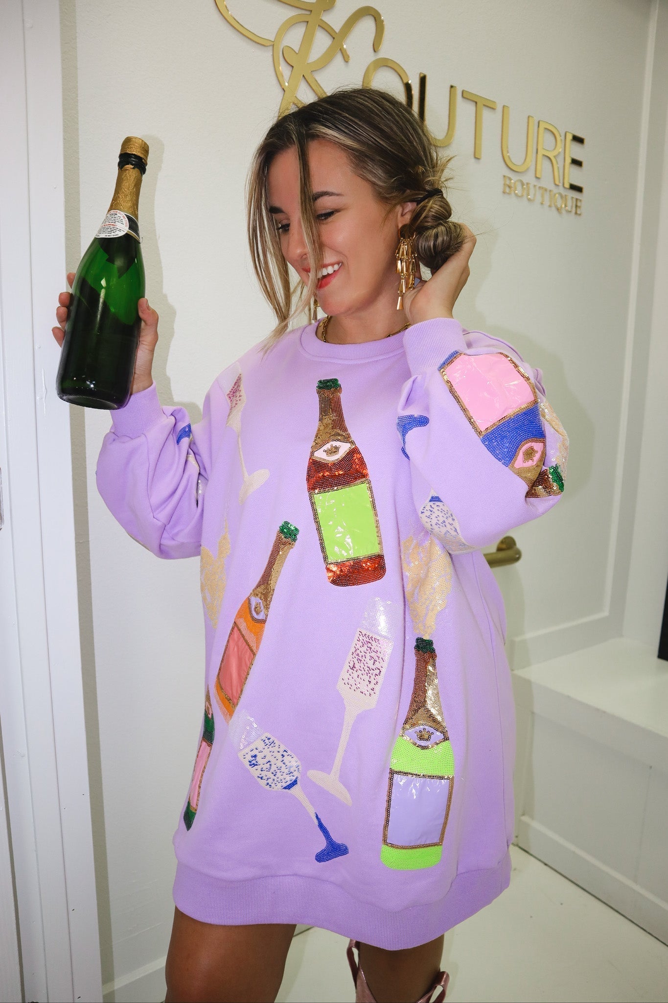 sweatshirt dresses for women Queen of Sparkles Lavender Champagne Sweatshirt Dress Extra Small / Lavender sweatshirt dresses for women Queen of Sparkles Lavender Champagne Sweatshirt Dress Extra Small / Lavender