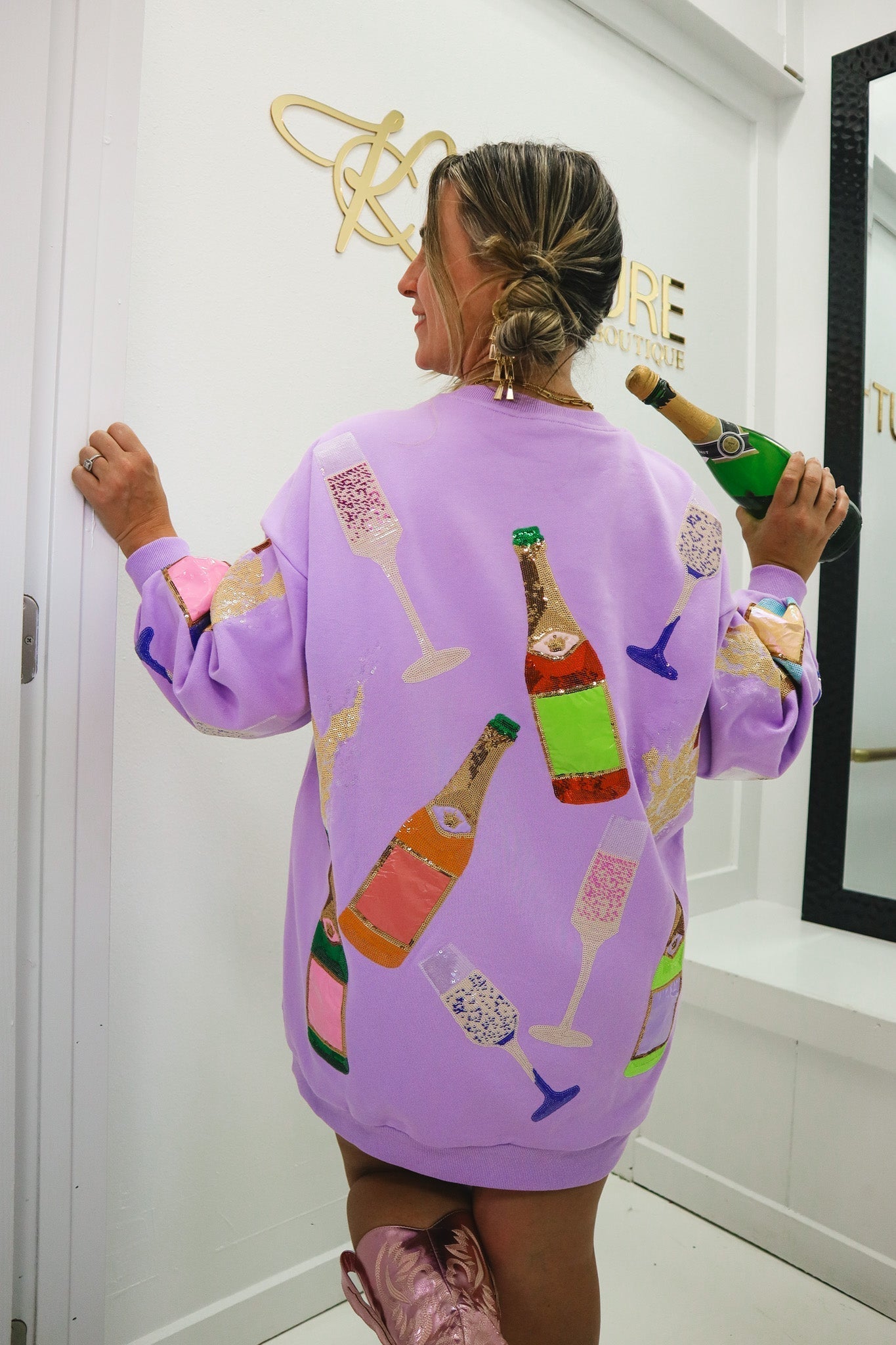Queen of Sparkles Lavender Champagne Sweatshirt Dress Extra Small / Lavender