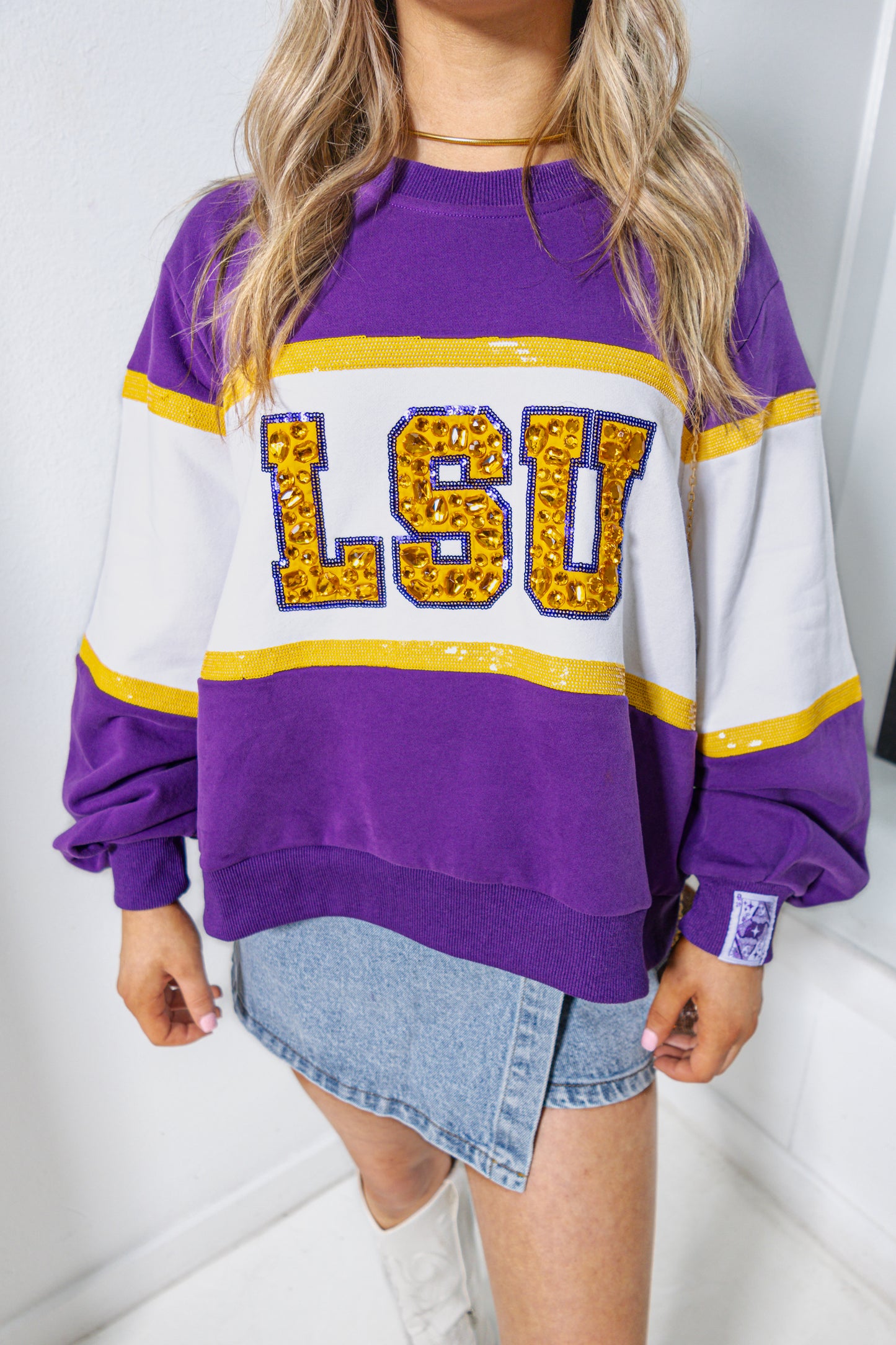 Queen Of Sparkles LSU Color Block Jeweled Sweatshirt