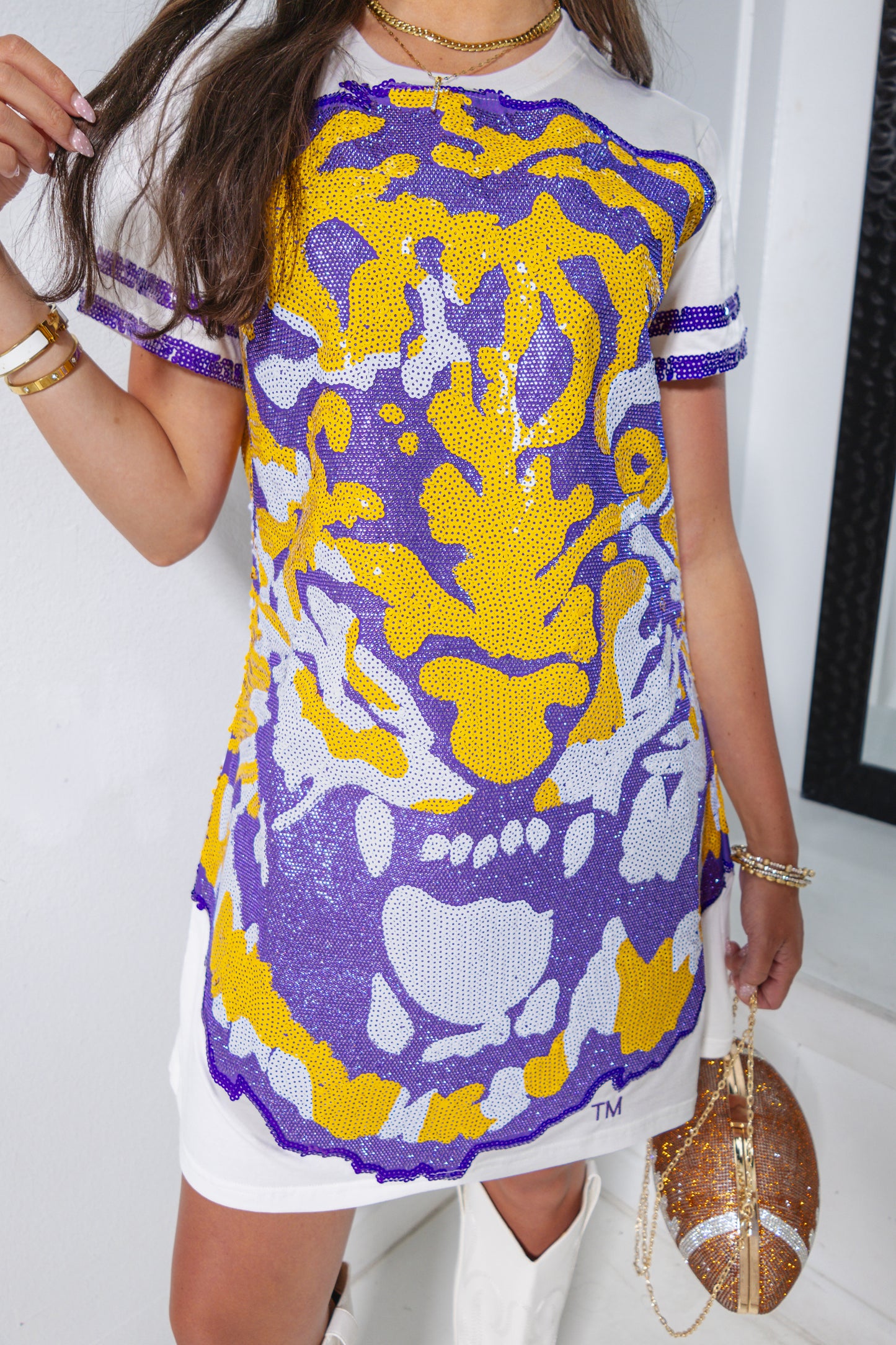 Queen Of Sparkles Licensed LSU Mascot Tee Dress Extra Small (00/0) / White/Purple/Gold Queen Of Sparkles Licensed LSU Mascot Tee Dress Extra Small (00/0) / White/Purple/Gold