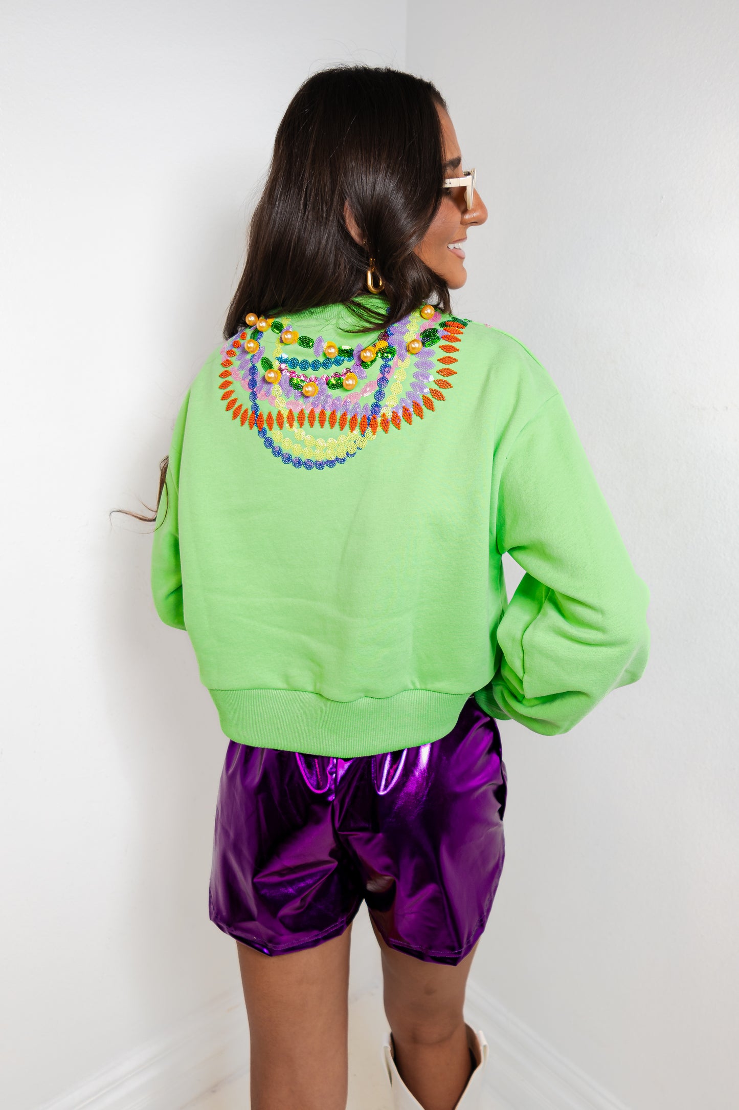 Queen of Sparkles Bright Green Mardi Gras Beads Sweatshirt