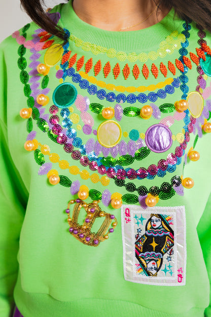 Queen of Sparkles Bright Green Mardi Gras Beads Sweatshirt
