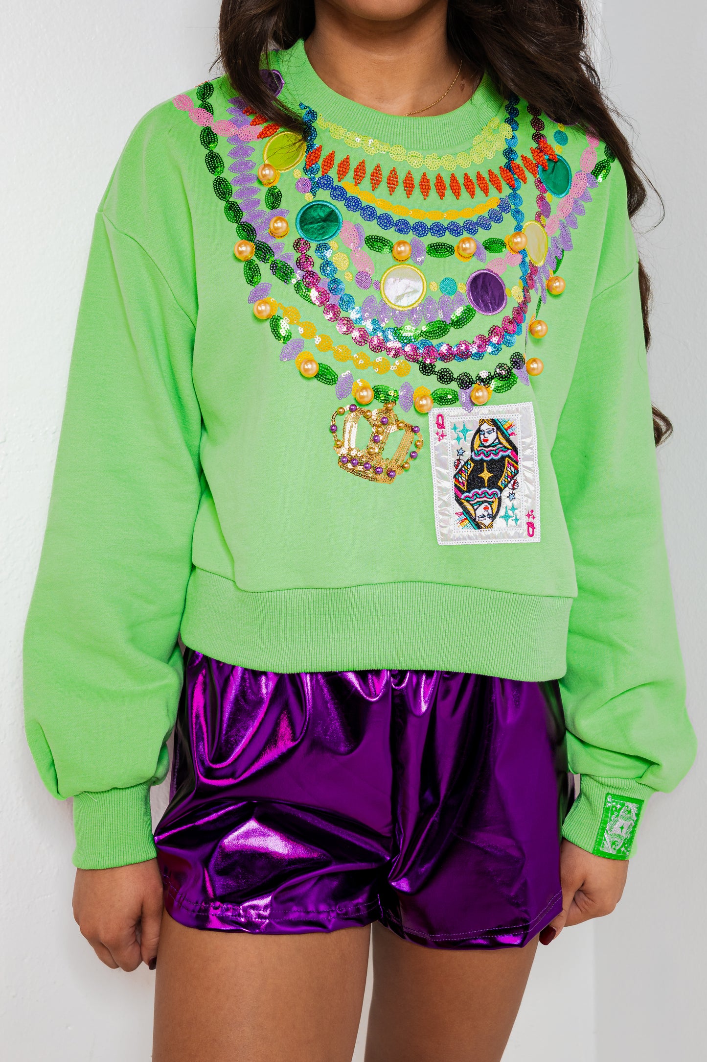 Queen of Sparkles Bright Green Mardi Gras Beads Sweatshirt
