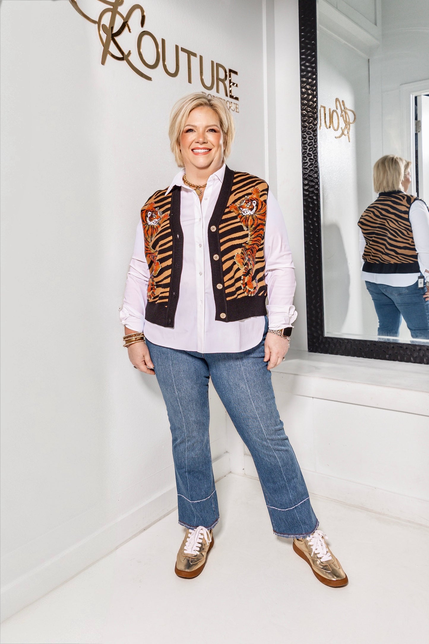 Queen of Sparkles Climbing Tiger Knit Button Up Vest