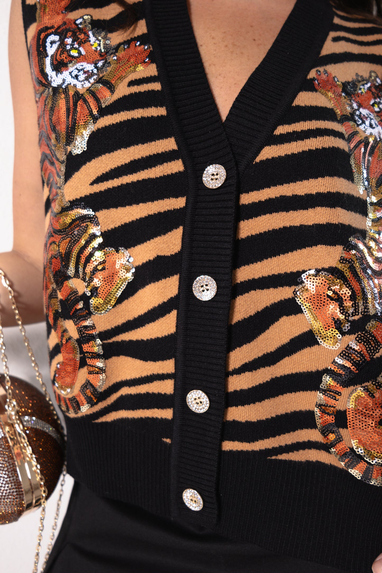 Queen of Sparkles Climbing Tiger Knit Button Up Vest