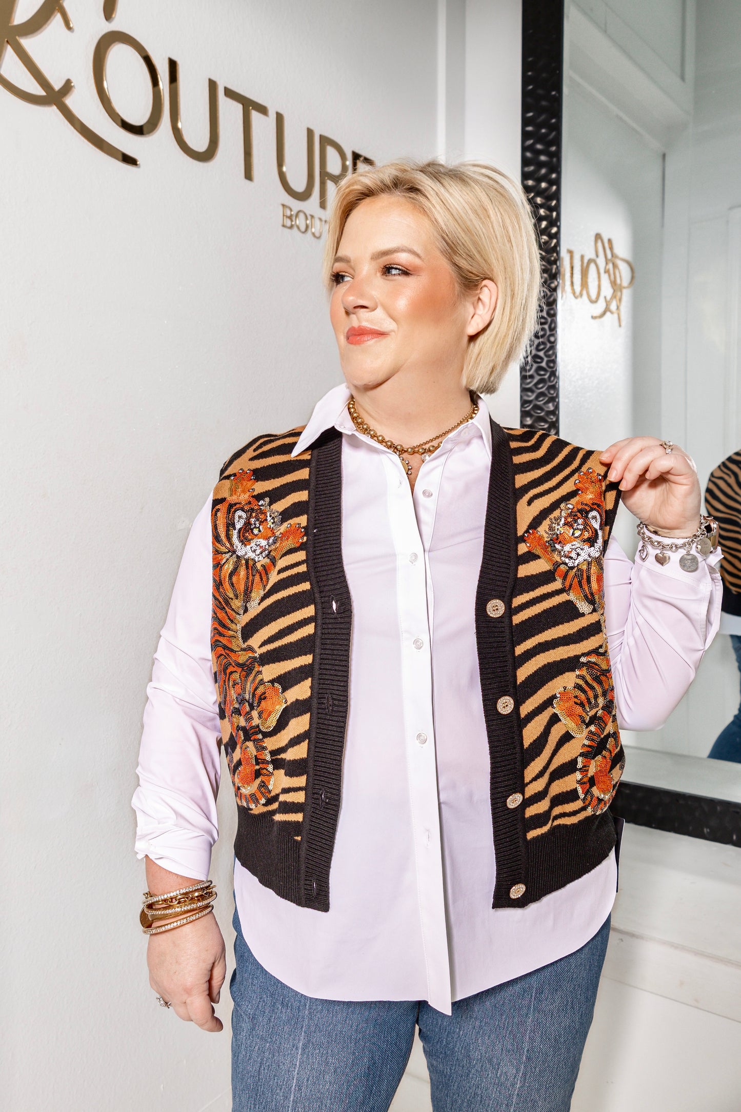 Queen of Sparkles Climbing Tiger Knit Button Up Vest
