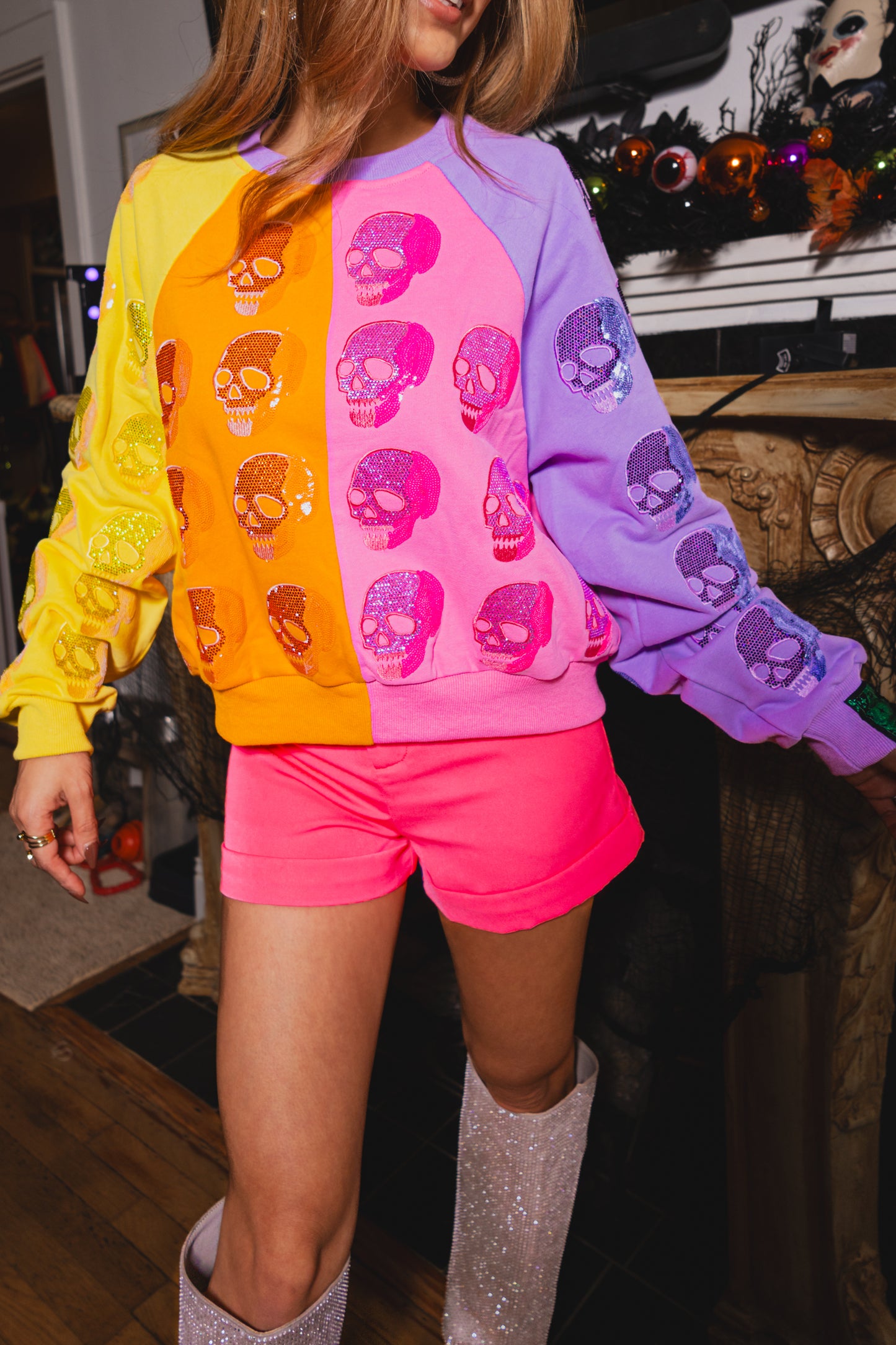 Queen of Sparkles Colorblock Skull Sweatshirt