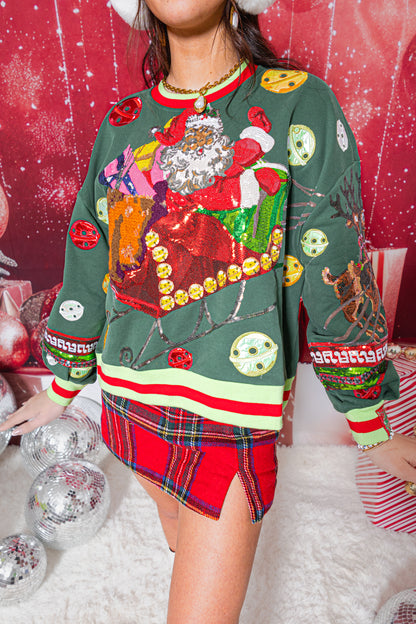Queen of Sparkles Dark Green Vintage Jingle Bell Santa Sweatshirt