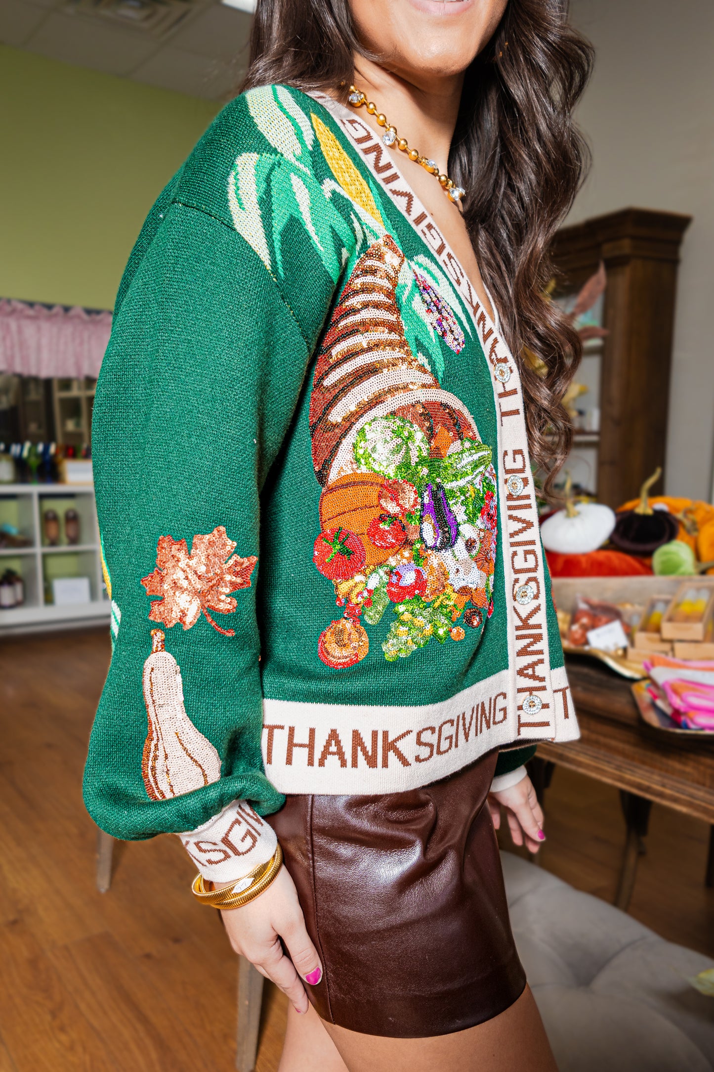 Queen of Sparkles Dark Green 'Thanksgiving' Button Cardigan