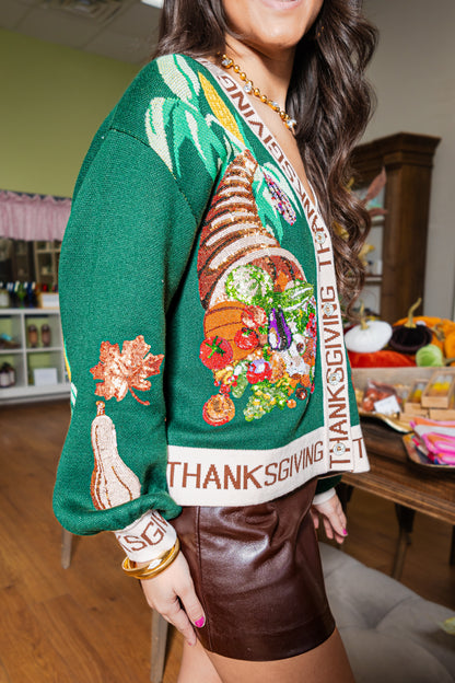 Queen of Sparkles Dark Green 'Thanksgiving' Button Cardigan