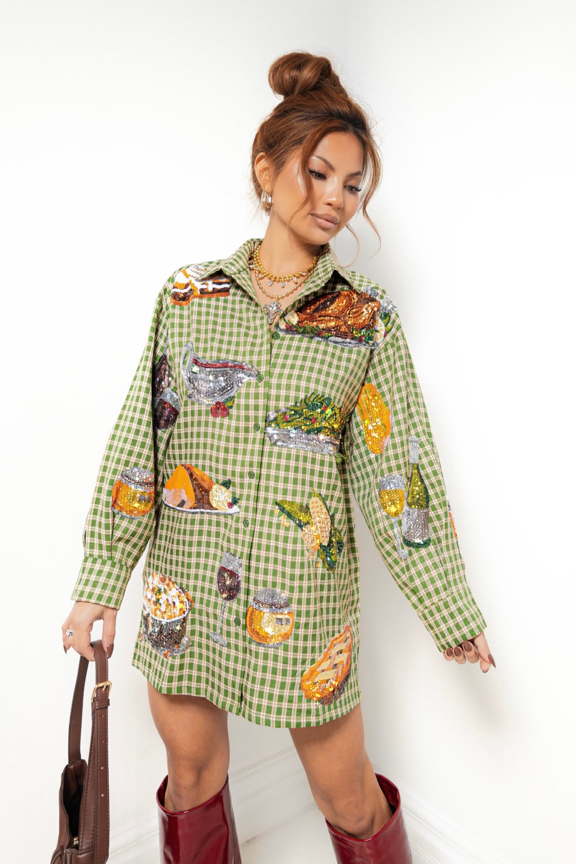 Queen of Sparkles Green Plaid Queen of Turkey Button Up Dress