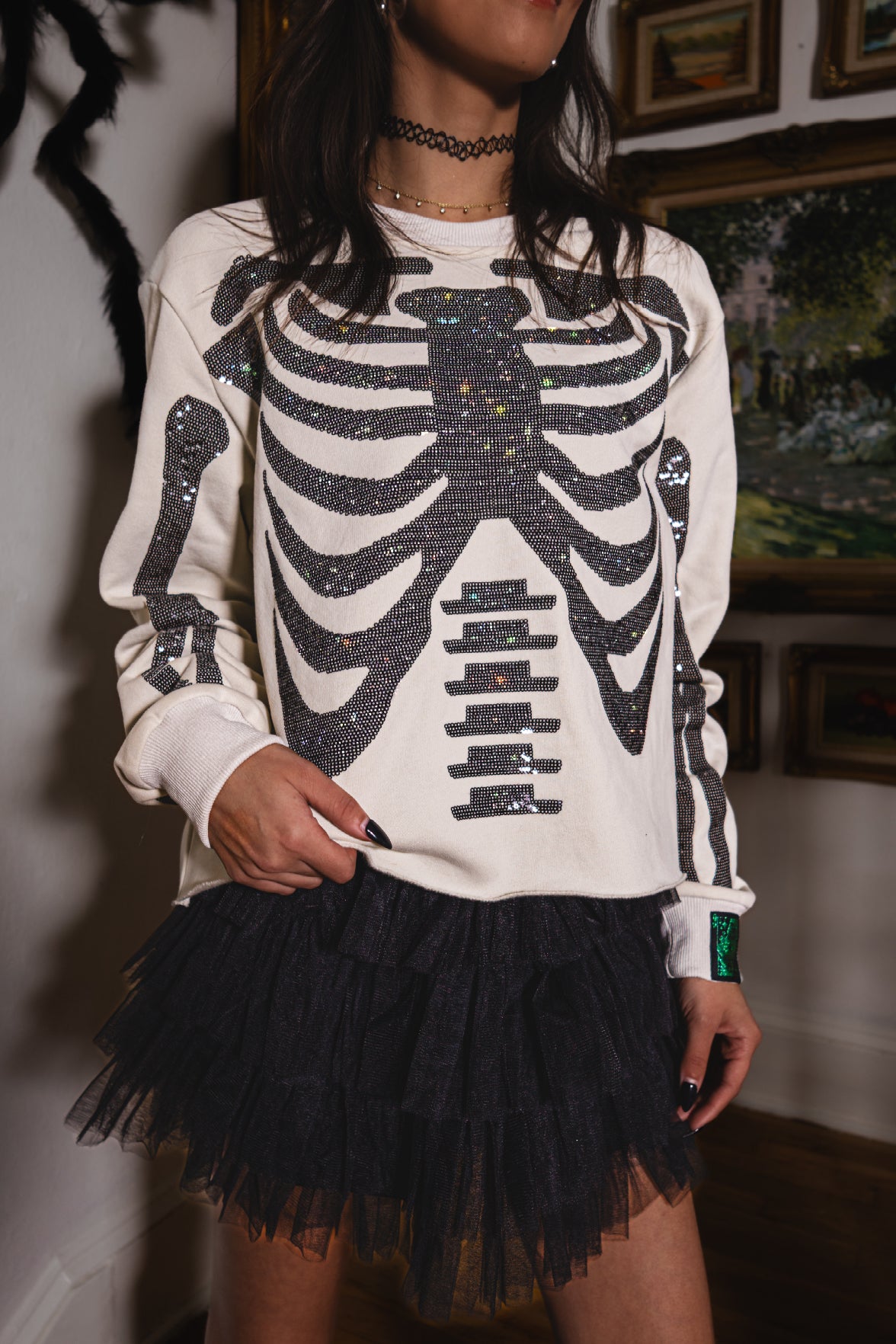 Queen of Sparkles Ivory & Black Skeleton Sweatshirt