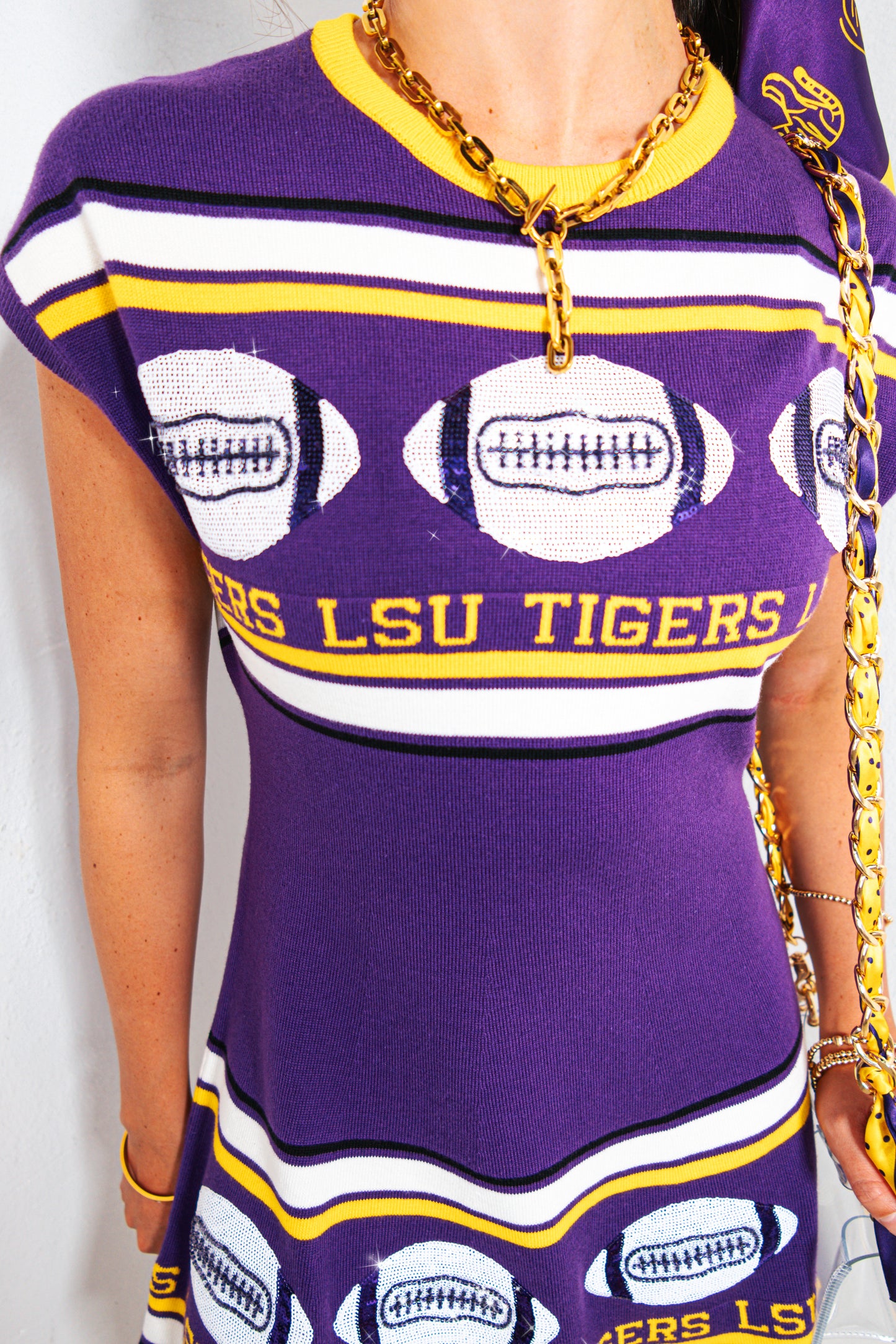 Queen of Sparkles LSU Vintage Football Stripes Sweater Dress