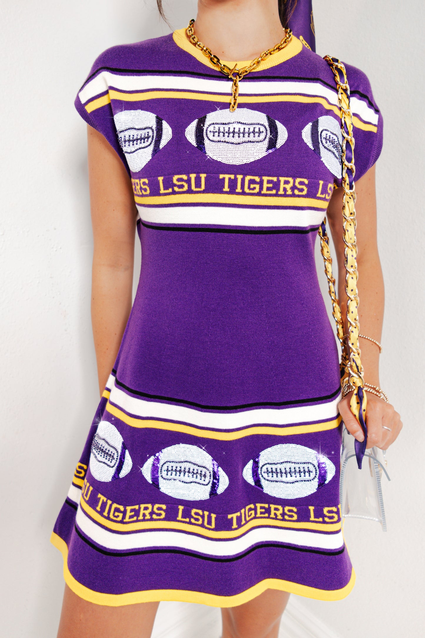 Queen of Sparkles LSU Vintage Football Stripes Sweater Dress