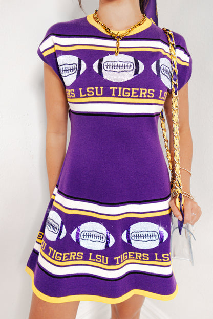 Queen of Sparkles LSU Vintage Football Stripes Sweater Dress