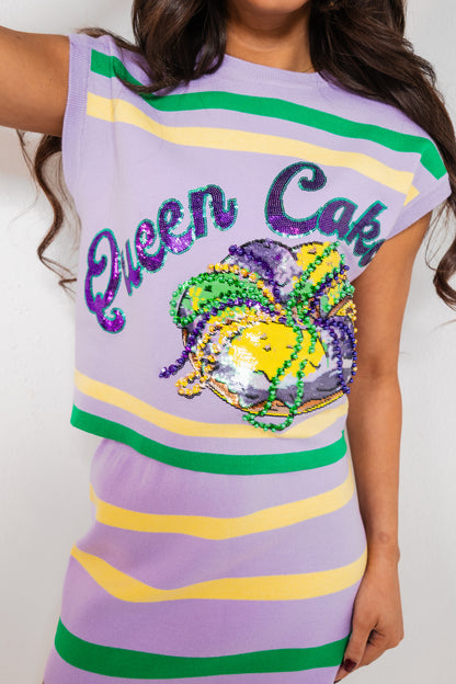 Queen of Sparkles Lavender, Green & Yellow 'Queen Cake' Striped Top