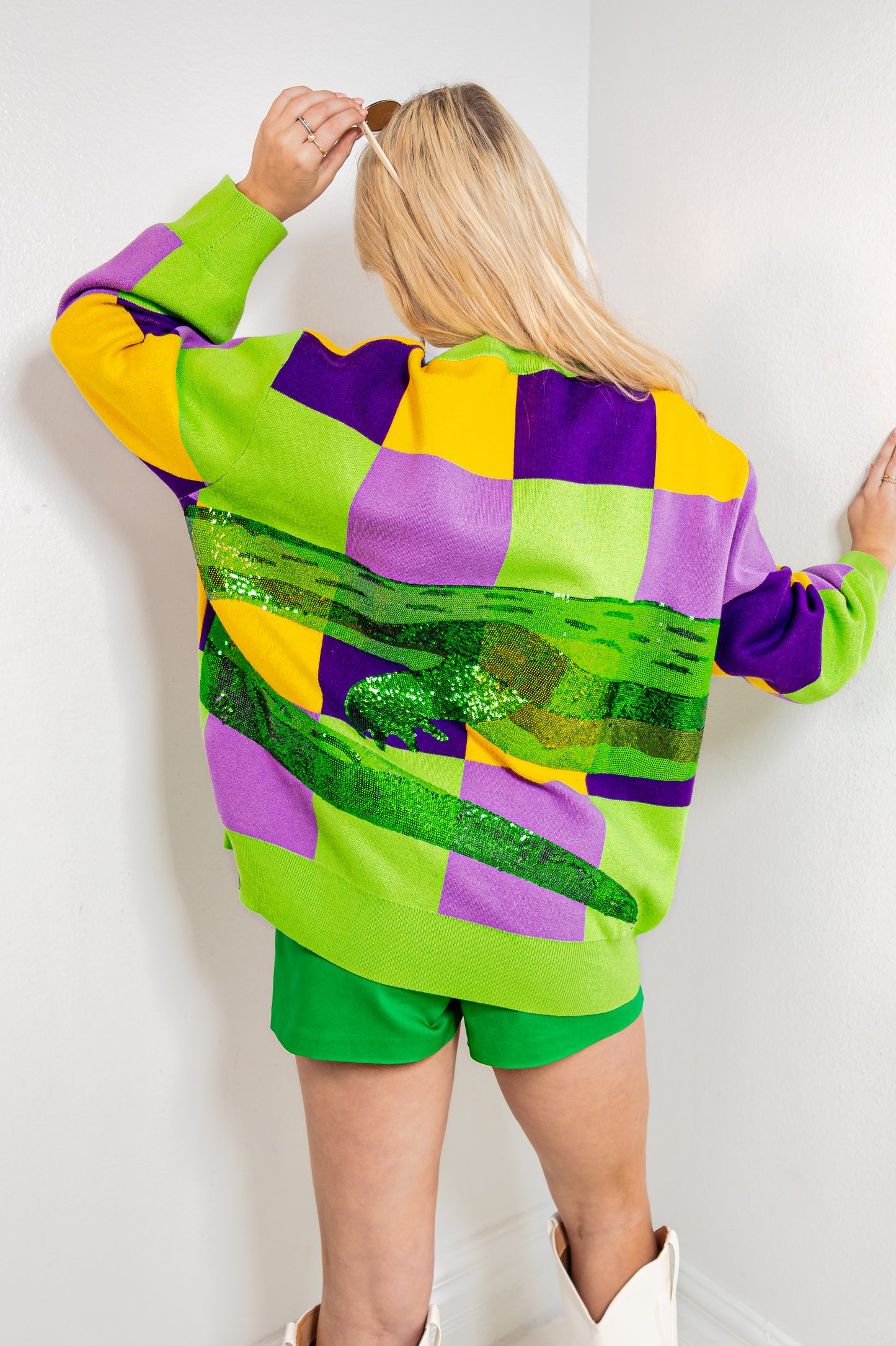 Queen of Sparkles Mardi Gras Checkered Alligator Queen Sweater