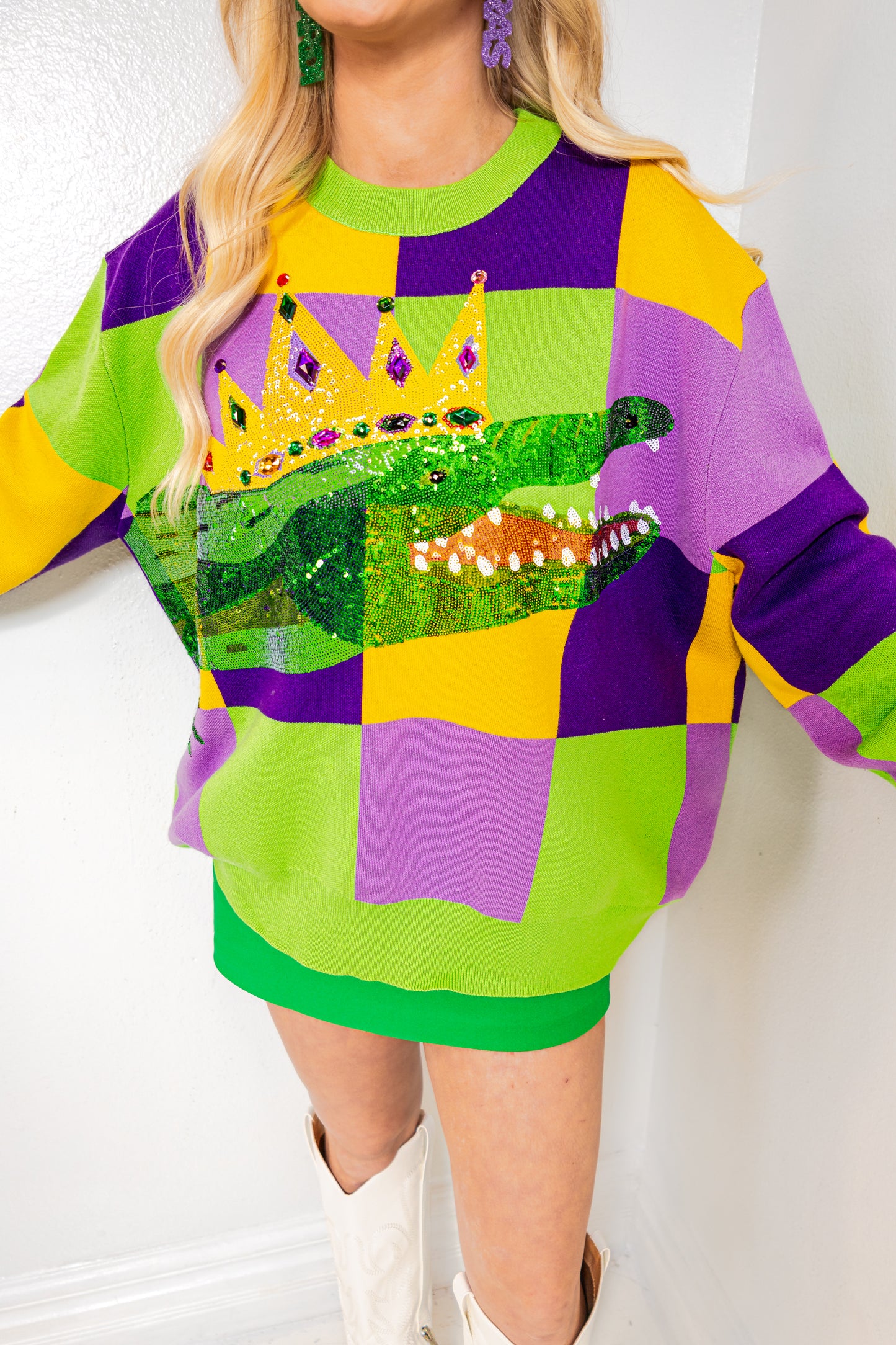 Queen of Sparkles Mardi Gras Checkered Alligator Queen Sweater