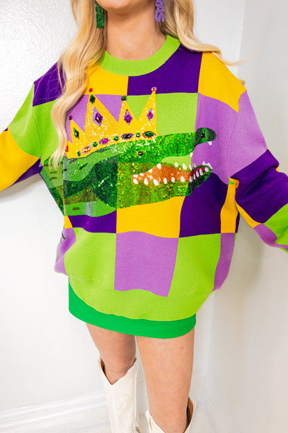 Queen of Sparkles Mardi Gras Checkered Alligator Queen Sweater