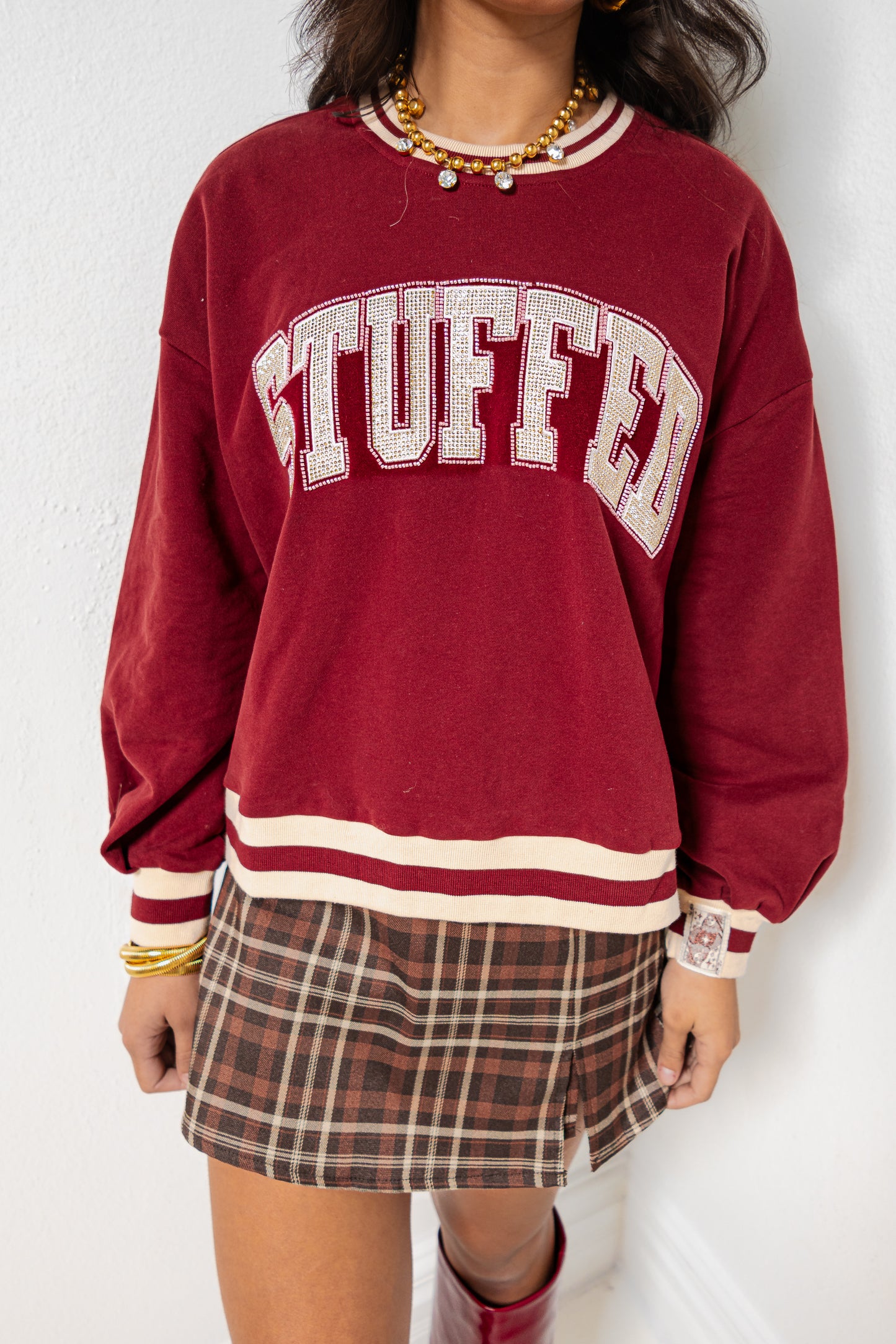 Queen of Sparkles Maroon & Ivory Rhinestone 'Stuffed" Sweatshirt