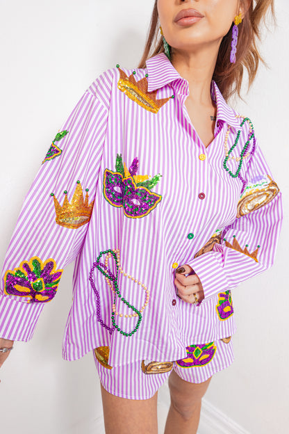 Queen of Sparkles Purple & White Striped Cotton Mardi Gras Icon Top