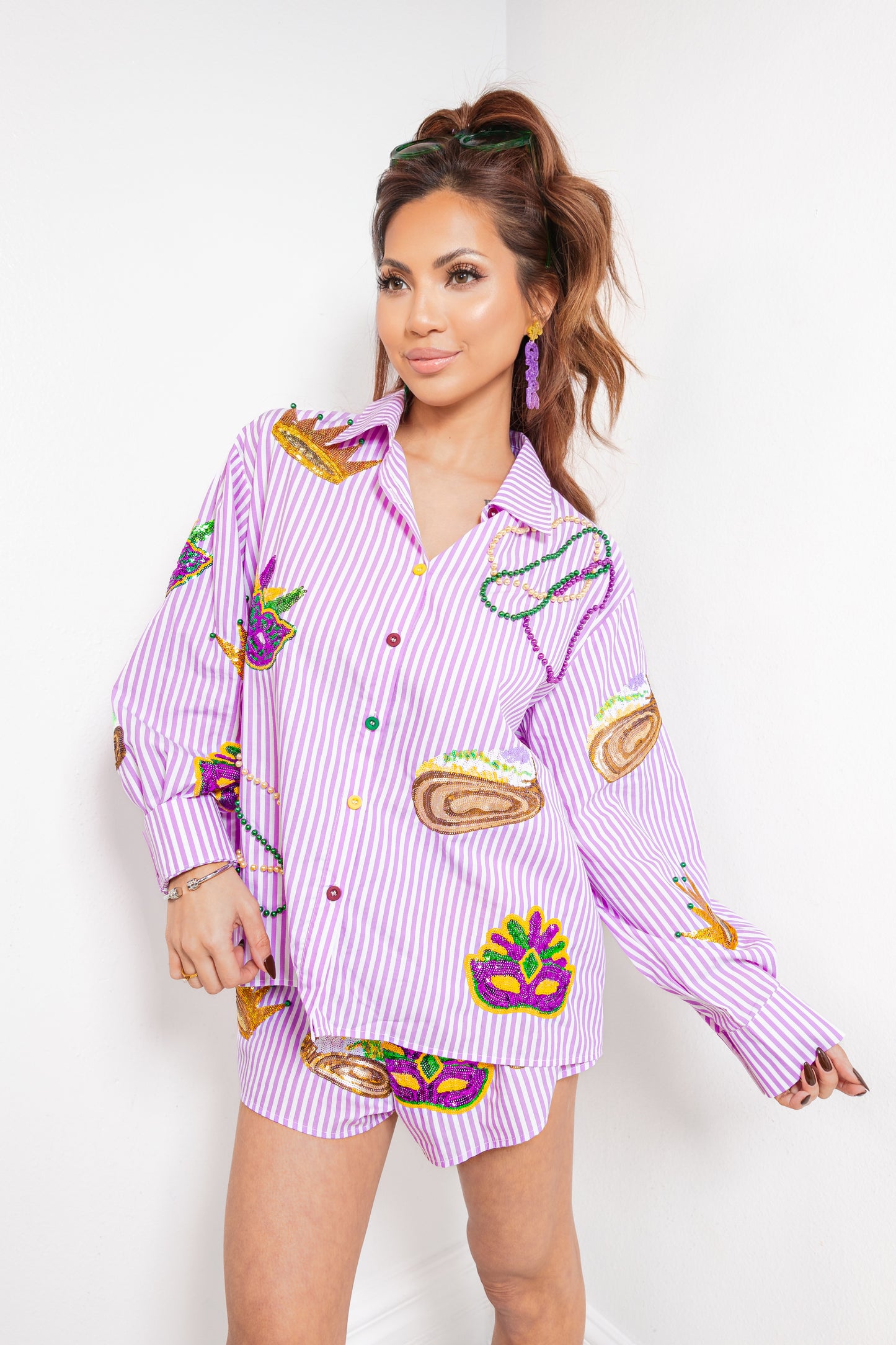 Queen of Sparkles Purple & White Striped Cotton Mardi Gras Icon Top