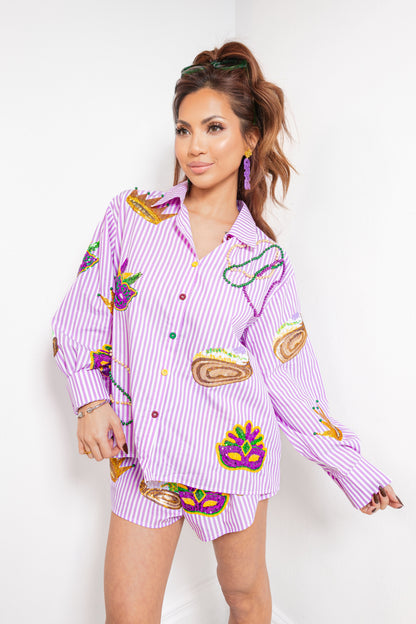 Queen of Sparkles Purple & White Striped Cotton Mardi Gras Icon Top
