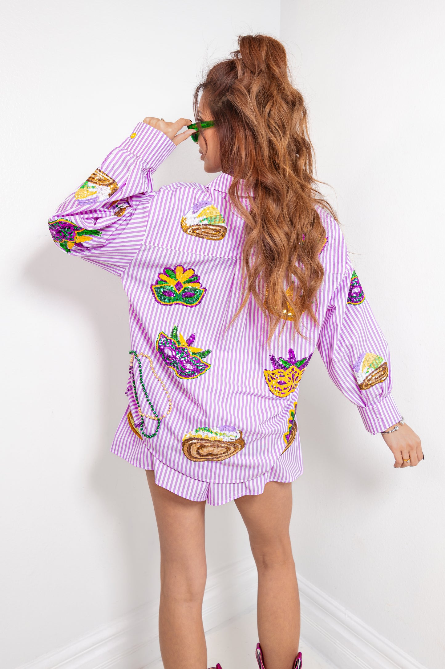 Queen of Sparkles Purple & White Striped Cotton Mardi Gras Icon Top