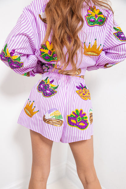 Queen of Sparkles Purple & White Striped Cotton Mardi Gras Icon Shorts